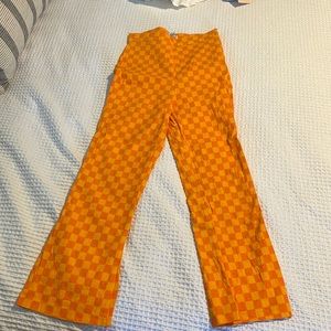 Verge Girl Orange High Waisted Flared Checkered Pants, Size Medium